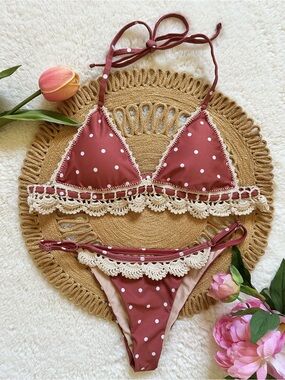 Clay Polka Dot Handmade Crochet Trim Triangle Bikini - Women Swim Small